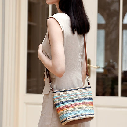 Women's Genuine Leather Summer Color Blocking Straw Woven Bucket Bag
