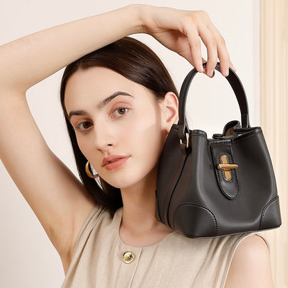 Mini-Eimer-Handtasche aus echtem Leder mit Premium-Verschluss, Umhängetasche für Damen