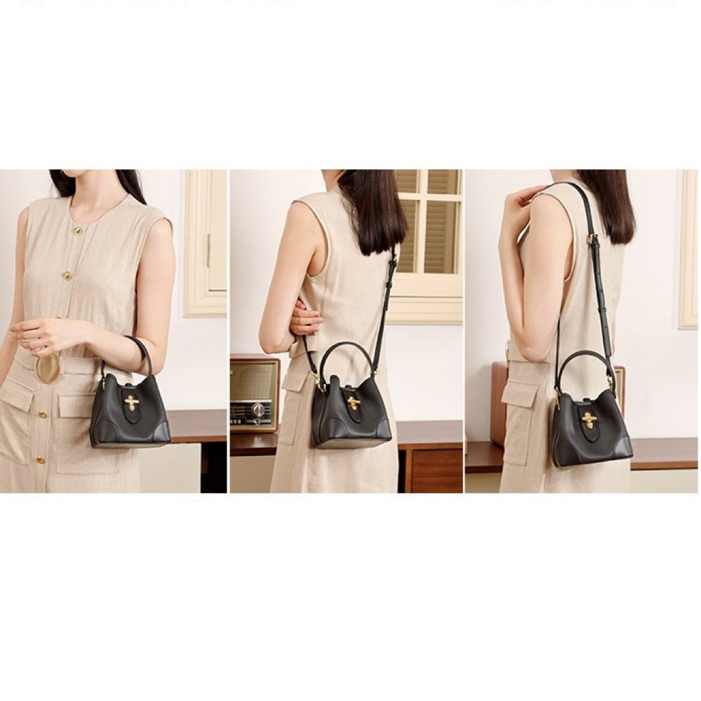 Mini-Eimer-Handtasche aus echtem Leder mit Premium-Verschluss, Umhängetasche für Damen