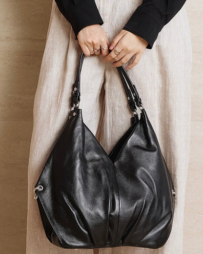 Women's Ruched Genuine Leather Large Tote Hobo Bag