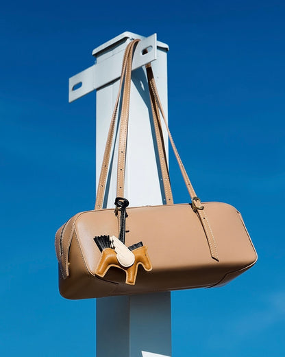 Women's Genuine Leather Retro Bowling Bag with Horse Charm