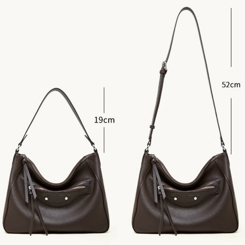 Urban Moto Genuine Leather Bag - Edgy Pebbled Shoulder Hobo with Tassels