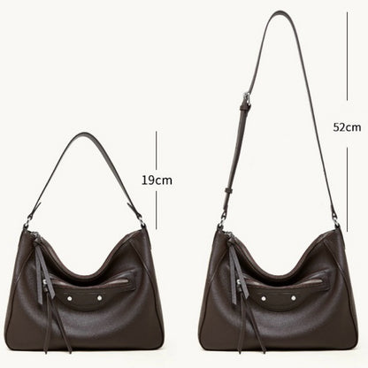 Urban Moto Genuine Leather Bag - Edgy Pebbled Shoulder Hobo with Tassels