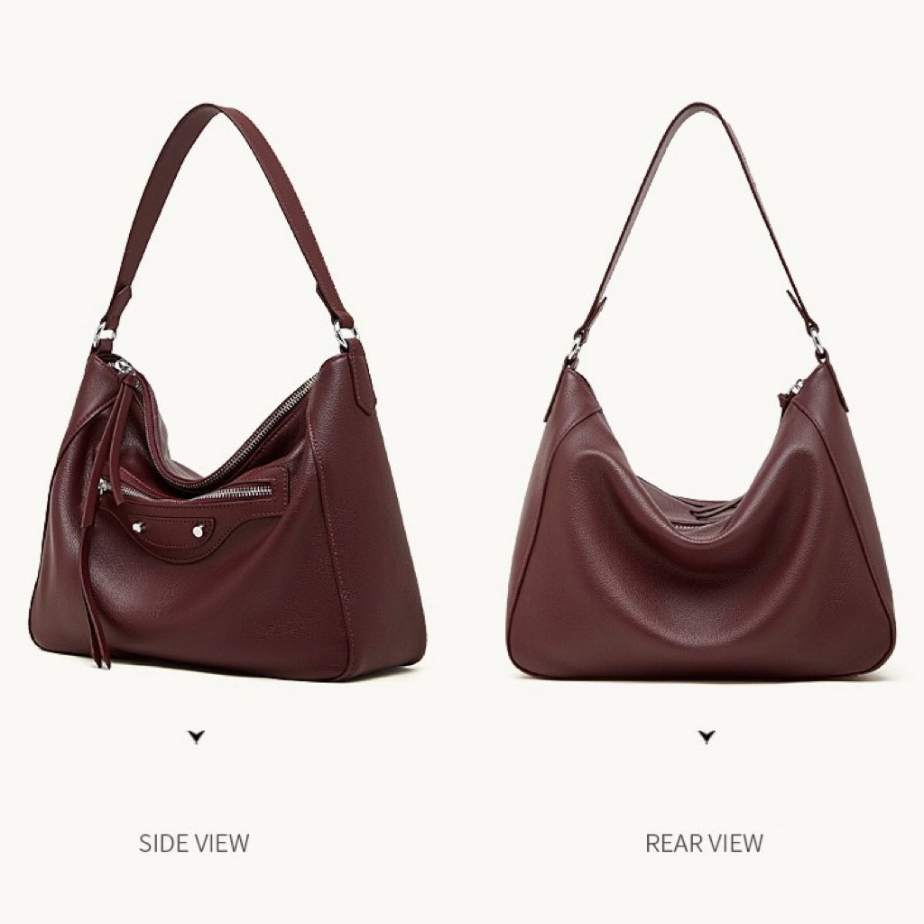 Urban Moto Genuine Leather Bag - Edgy Pebbled Shoulder Hobo with Tassels