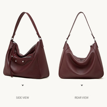 Urban Moto Genuine Leather Bag - Edgy Pebbled Shoulder Hobo with Tassels