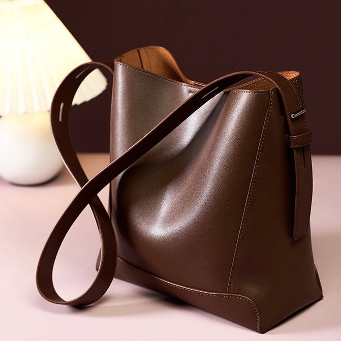 Sac seau surdimensionné en cuir véritable pour femme, à bandoulière et à bandoulière
