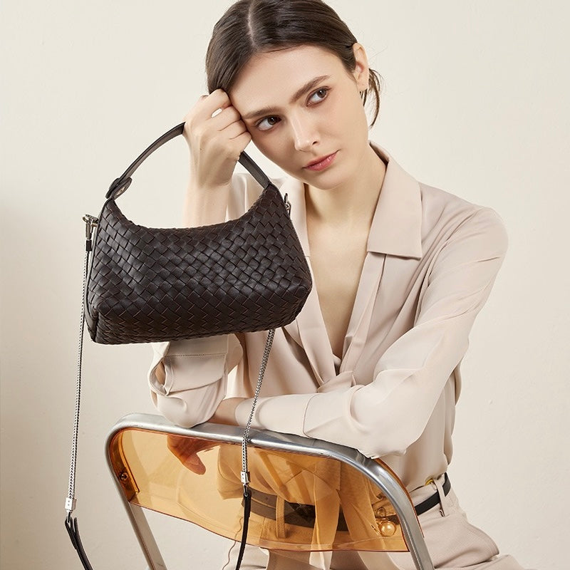 Women’s Genuine Sheepskin Leather Woven Dumpling Clutch Bag with Chain Strap