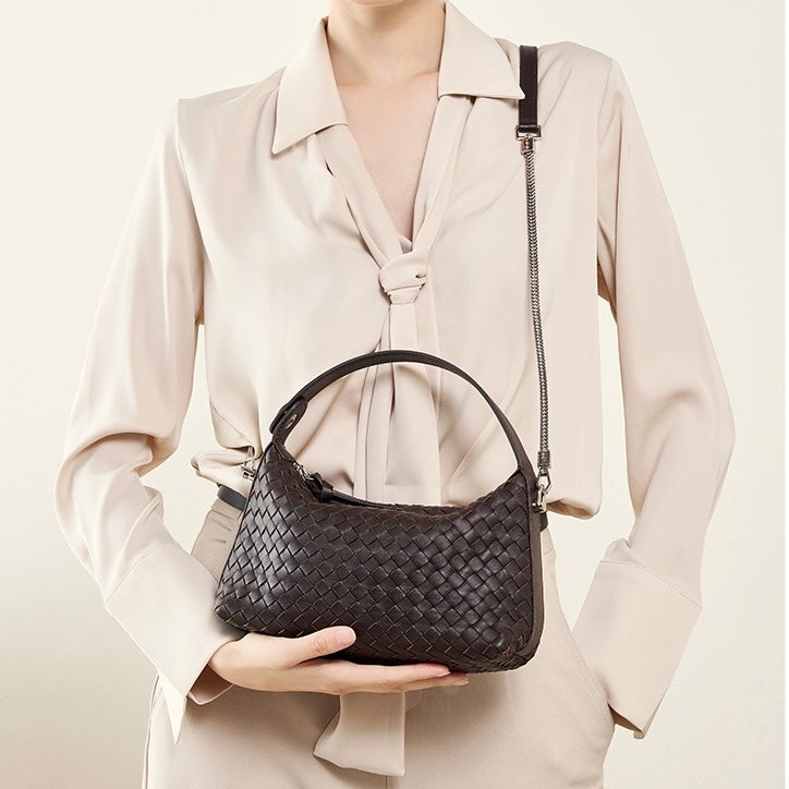 Women’s Genuine Sheepskin Leather Woven Dumpling Clutch Bag with Chain Strap