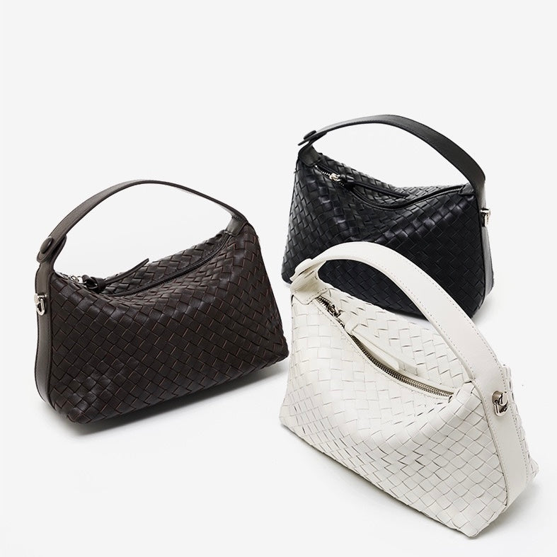 Women’s Genuine Sheepskin Leather Woven Dumpling Clutch Bag with Chain Strap