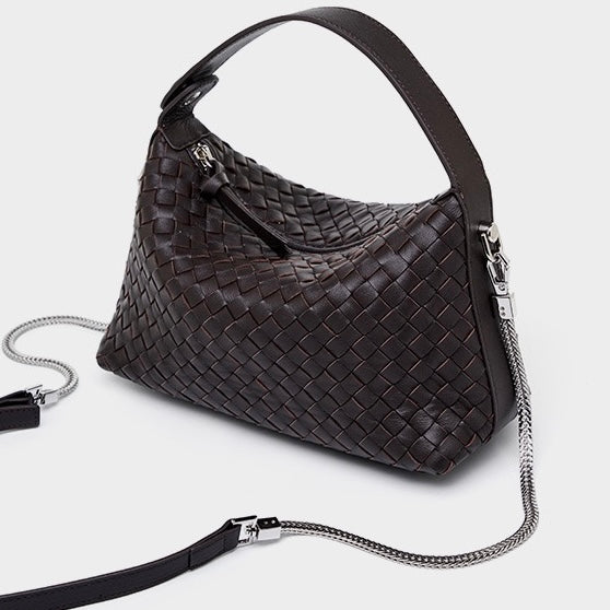 Women’s Genuine Sheepskin Leather Woven Dumpling Clutch Bag with Chain Strap