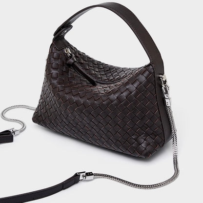Women’s Genuine Sheepskin Leather Woven Dumpling Clutch Bag with Chain Strap