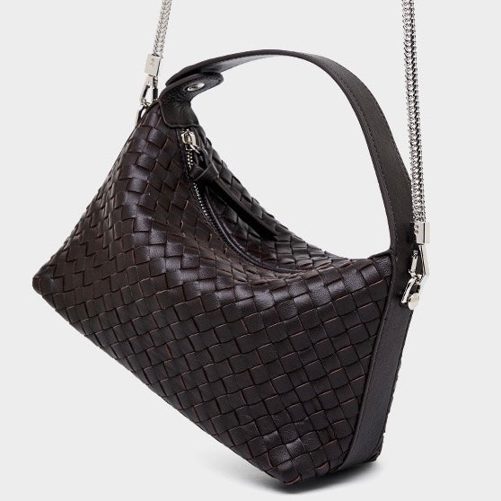Women’s Genuine Sheepskin Leather Woven Dumpling Clutch Bag with Chain Strap