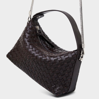 Women’s Genuine Sheepskin Leather Woven Dumpling Clutch Bag with Chain Strap