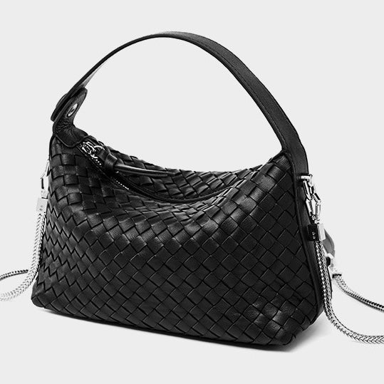 Women’s Genuine Sheepskin Leather Woven Dumpling Clutch Bag with Chain Strap