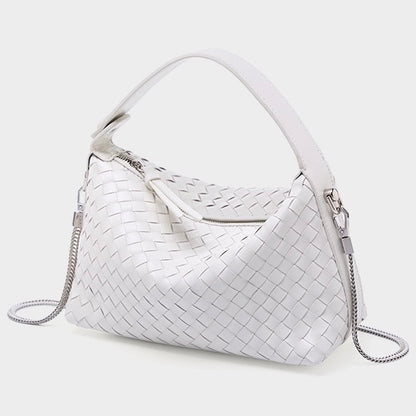 Women’s Genuine Sheepskin Leather Woven Dumpling Clutch Bag with Chain Strap
