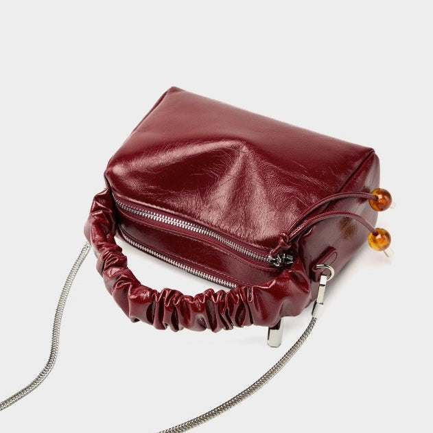 Women's Genuine Leather Beaded Bento Box Handheld Crossbody Bag