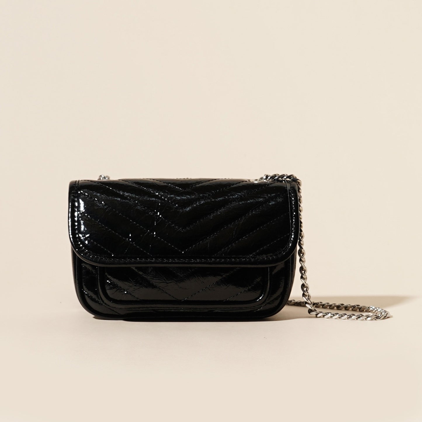 Damen-Mini-Flap-Tasche aus echtem Leder mit silberner Kette