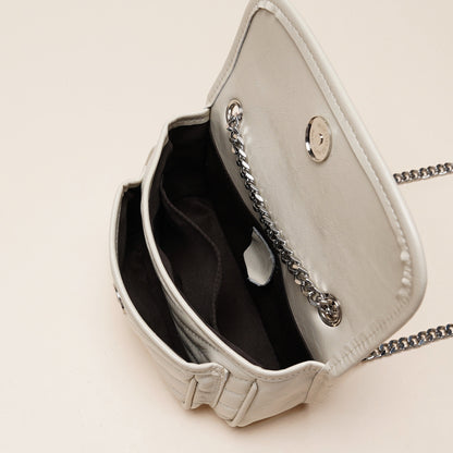 Damen-Mini-Flap-Tasche aus echtem Leder mit silberner Kette