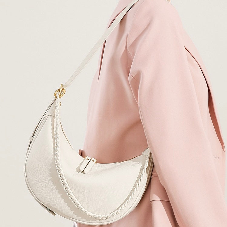 Women’s Genuine Leather Baguette Dumpling Bag with Luxe Chain