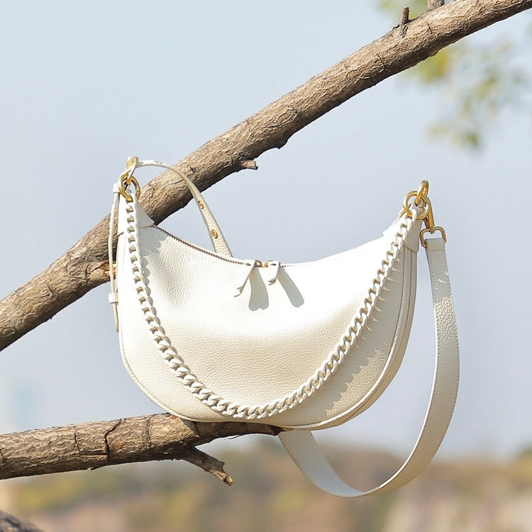 Women’s Genuine Leather Baguette Dumpling Bag with Luxe Chain