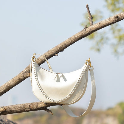 Women’s Genuine Leather Baguette Dumpling Bag with Luxe Chain