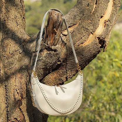 Women’s Genuine Leather Baguette Dumpling Bag with Luxe Chain