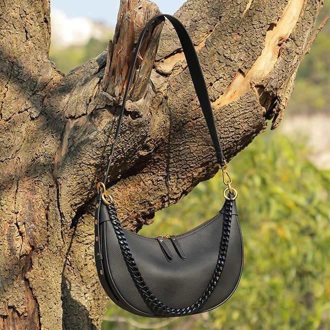 Women’s Genuine Leather Baguette Dumpling Bag with Luxe Chain