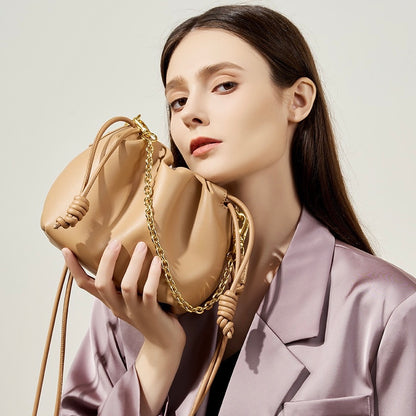 Chic Women's Genuine Leather Cloud Bag with Detachable Chain