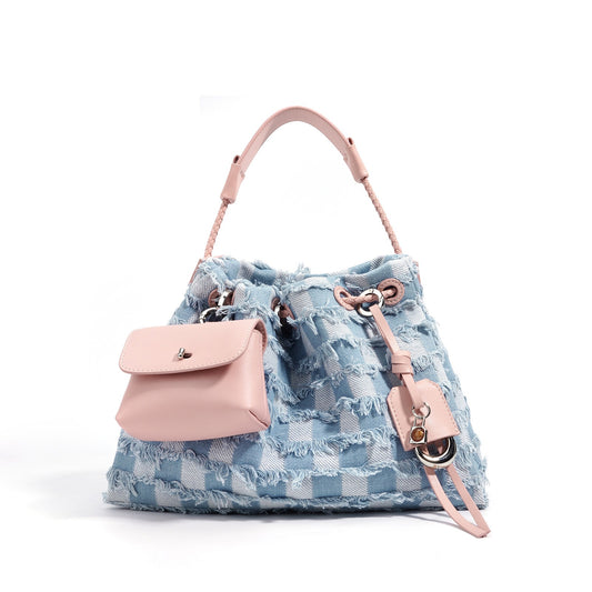 Women’s Genuine Leather & Denim Colorblock Crossbody Shoulder Bag