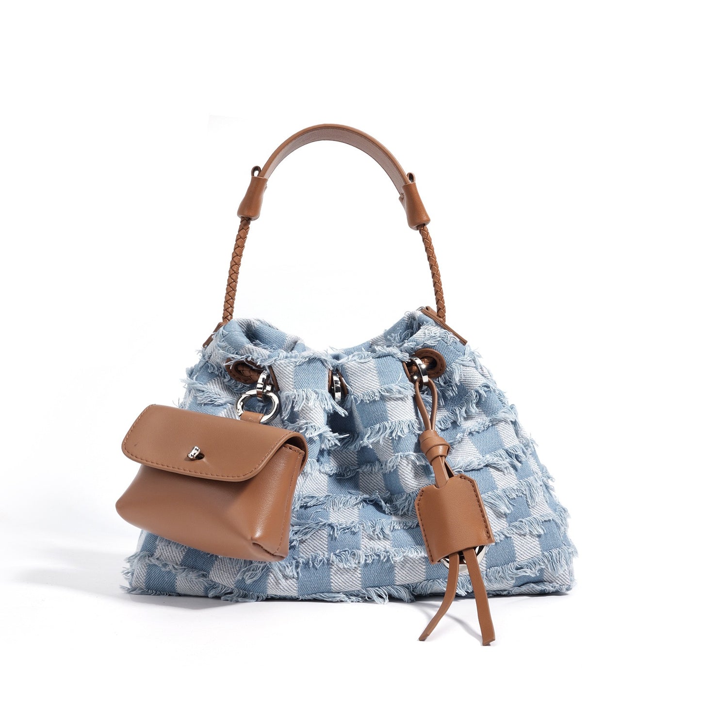Women’s Genuine Leather & Denim Colorblock Crossbody Shoulder Bag