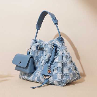 Women’s Genuine Leather & Denim Colorblock Crossbody Shoulder Bag
