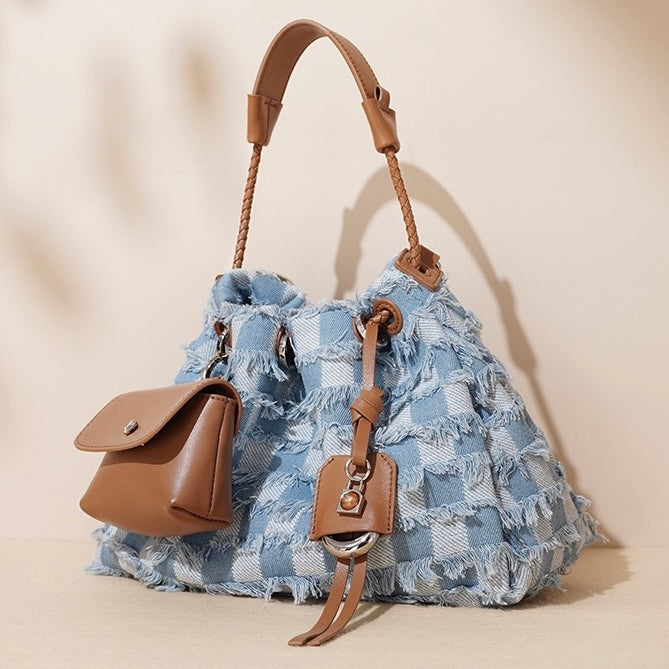 Women’s Genuine Leather & Denim Colorblock Crossbody Shoulder Bag