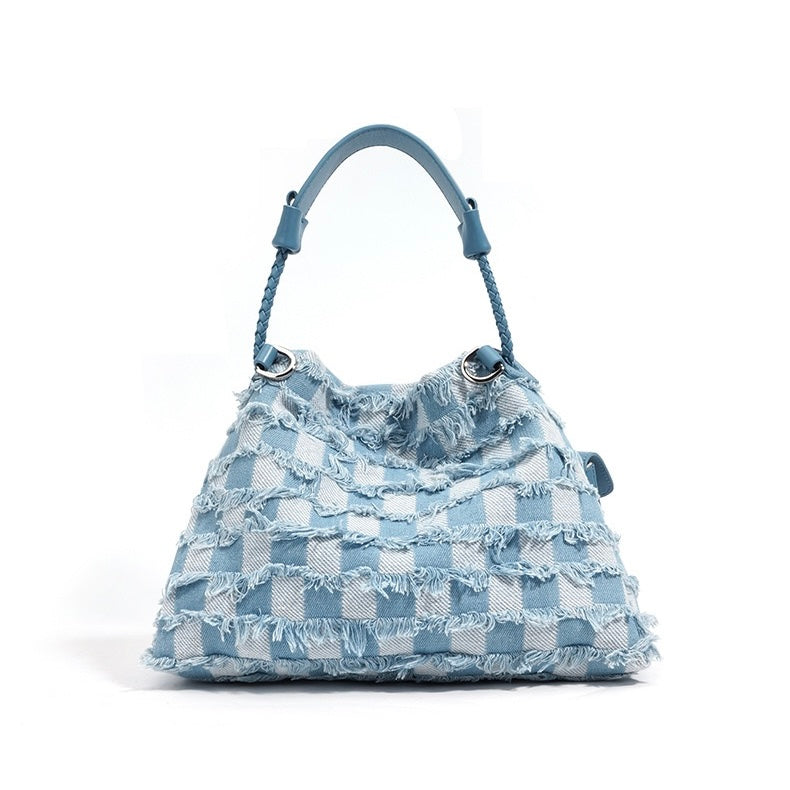 Women’s Genuine Leather & Denim Colorblock Crossbody Shoulder Bag