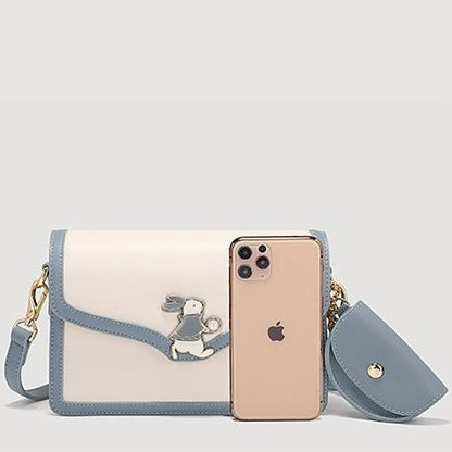 Damen Echtleder Blau Weiß Farbblock Kaninchen Kleine Quadratische Tasche