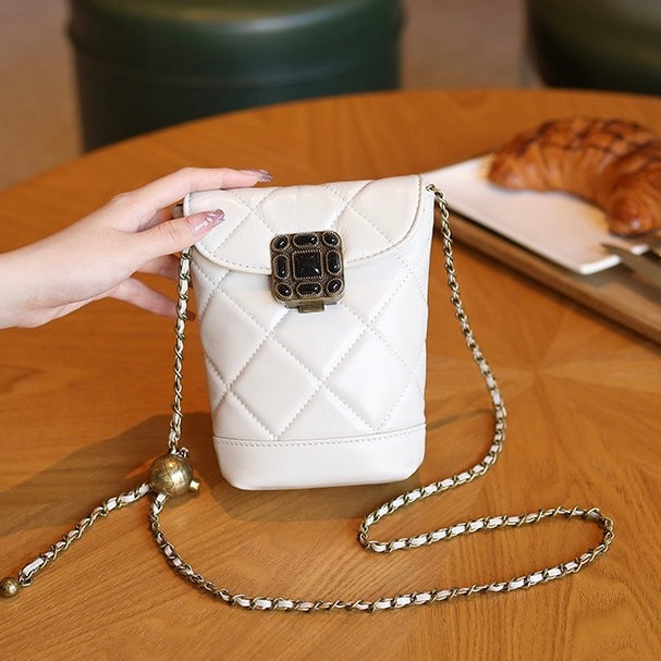 Stylish Women's Genuine Leather Quilted Mini Bag with Gold Ball Chain