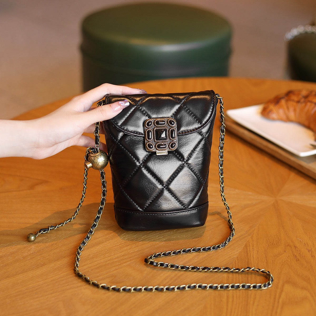 Stylish Women's Genuine Leather Quilted Mini Bag with Gold Ball Chain