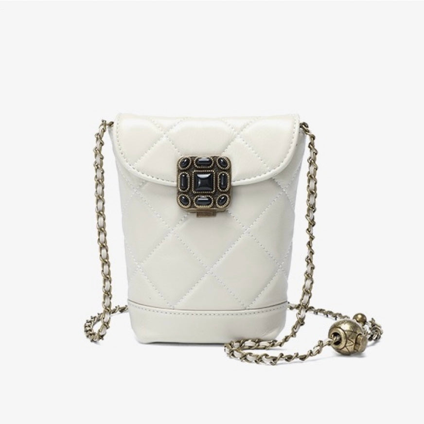 Stylish Women's Genuine Leather Quilted Mini Bag with Gold Ball Chain