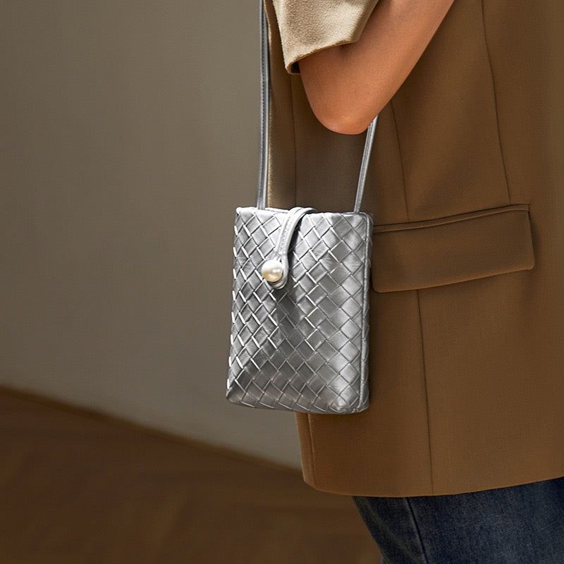 Pearl Button Women's Genuine Leather Woven Crossbody Phone Bag