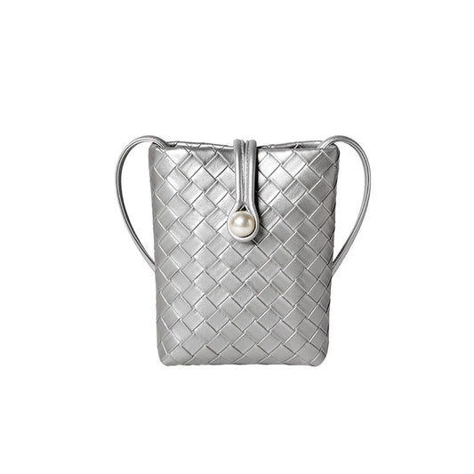 Pearl Button Women's Genuine Leather Woven Crossbody Phone Bag