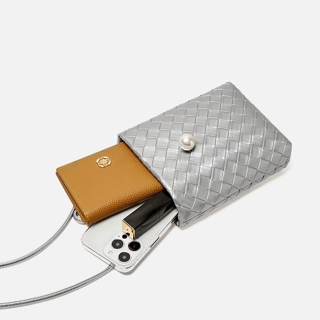 Pearl Button Women's Genuine Leather Woven Crossbody Phone Bag
