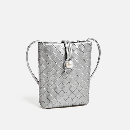 Pearl Button Women's Genuine Leather Woven Crossbody Phone Bag