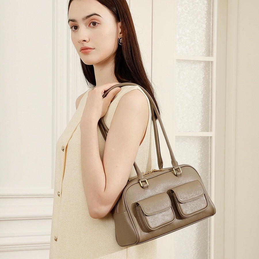 Vintage Damen Echtleder Bowling Bag Schultertasche