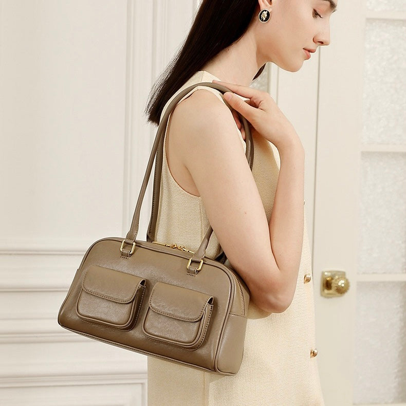 Vintage Damen Echtleder Bowling Bag Schultertasche