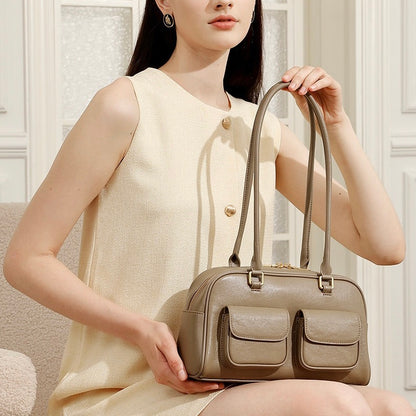Vintage Damen Echtleder Bowling Bag Schultertasche