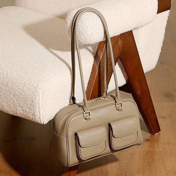 Vintage Damen Echtleder Bowling Bag Schultertasche