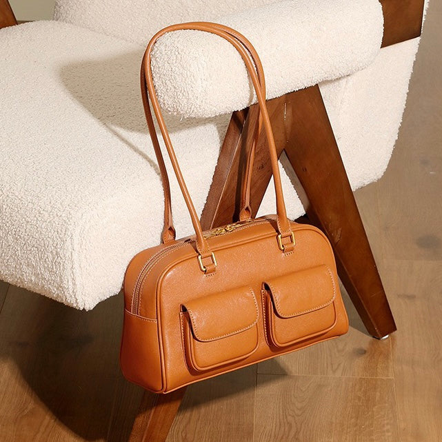 Vintage Damen Echtleder Bowling Bag Schultertasche