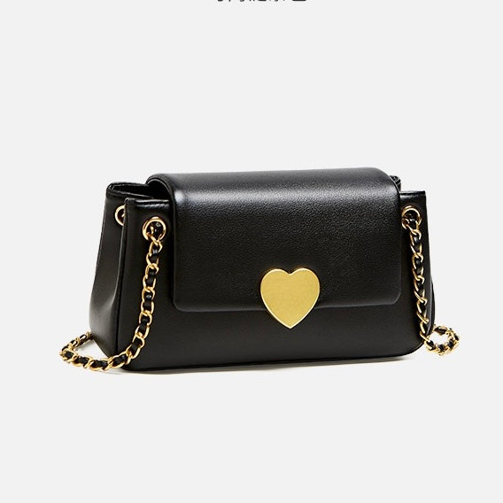 Women's Genuine Leather Chain Shoulder Crossbody Bag with Heart - Shaped Buckle