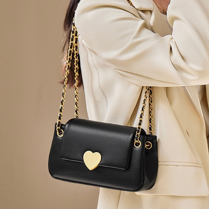 Women's Genuine Leather Chain Shoulder Crossbody Bag with Heart - Shaped Buckle