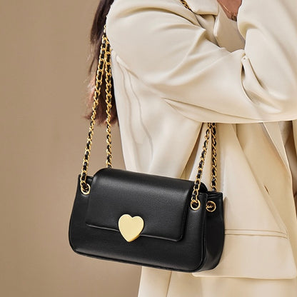 Women's Genuine Leather Chain Shoulder Crossbody Bag with Heart - Shaped Buckle