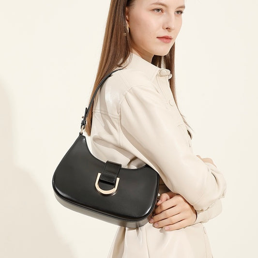 Women’s Soft Top-Grain Leather Baguette Shoulder Bag in Minimalist Commuter Style